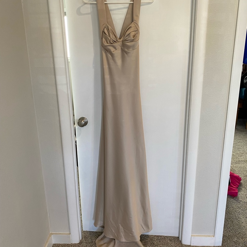Calvin Klein Formal heavy satin champagne dress with small train.
